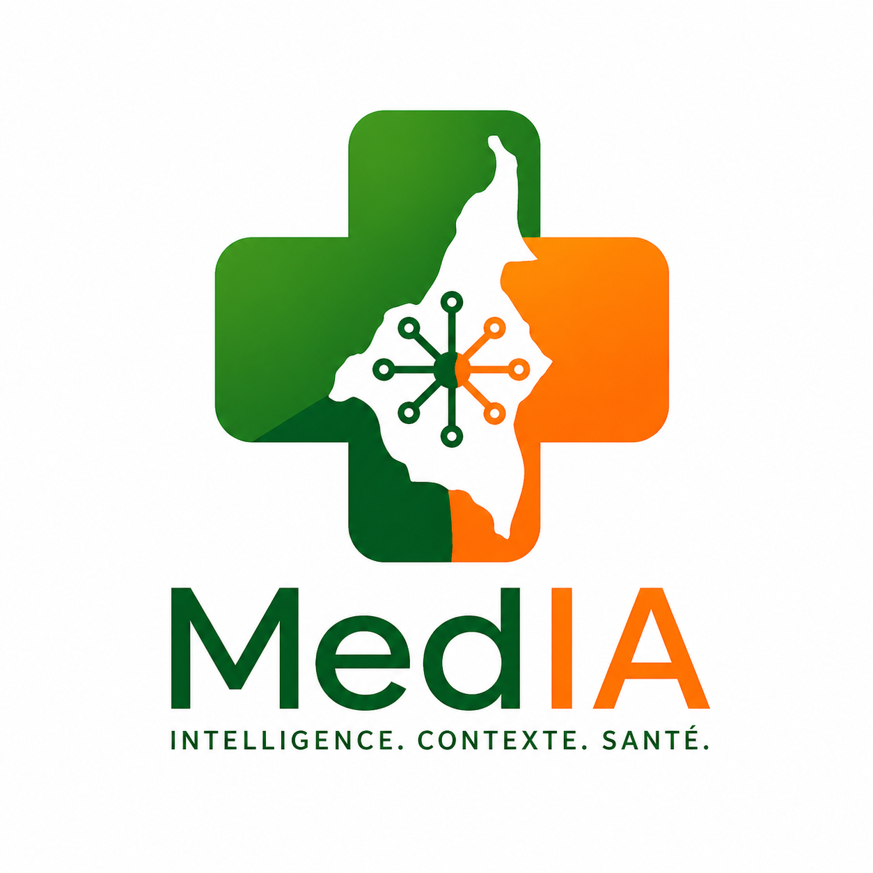 Logo MedIA — croix médicale verte et orange avec carte du Cameroun